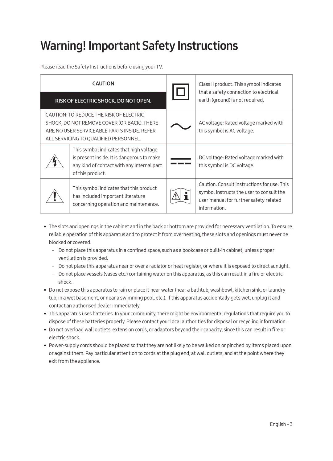 Samsung UA49MU6103KXXV, UA40MU6103KXXV, UA43MU6103KXXV, UA55MU6103KXXV, UA65MU6103KXXV Risk of Electric SHOCK. do not Open 