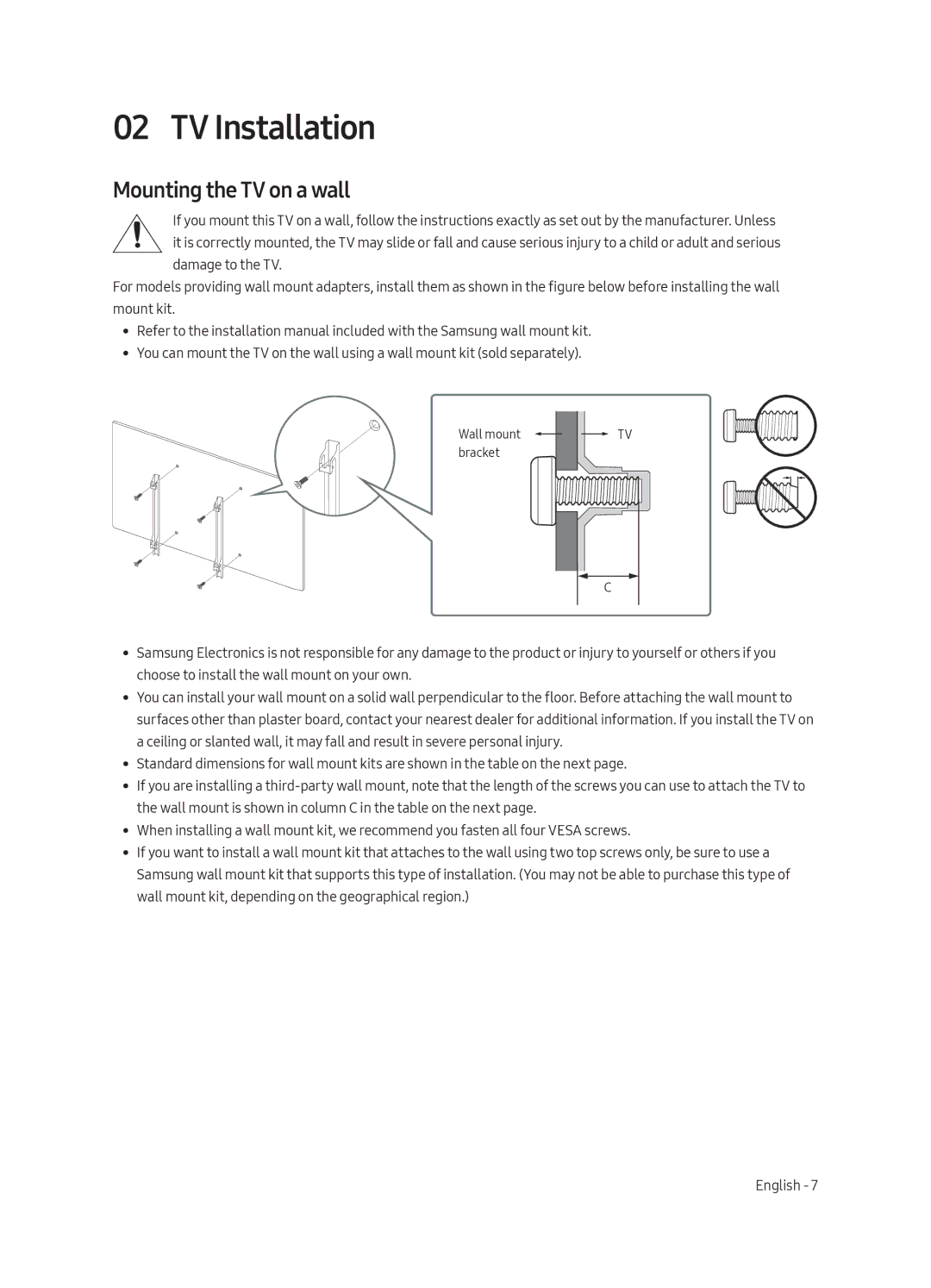 Samsung UA43MU6103KXXV, UA40MU6103KXXV, UA55MU6103KXXV, UA49MU6103KXXV manual TV Installation, Mounting the TV on a wall 