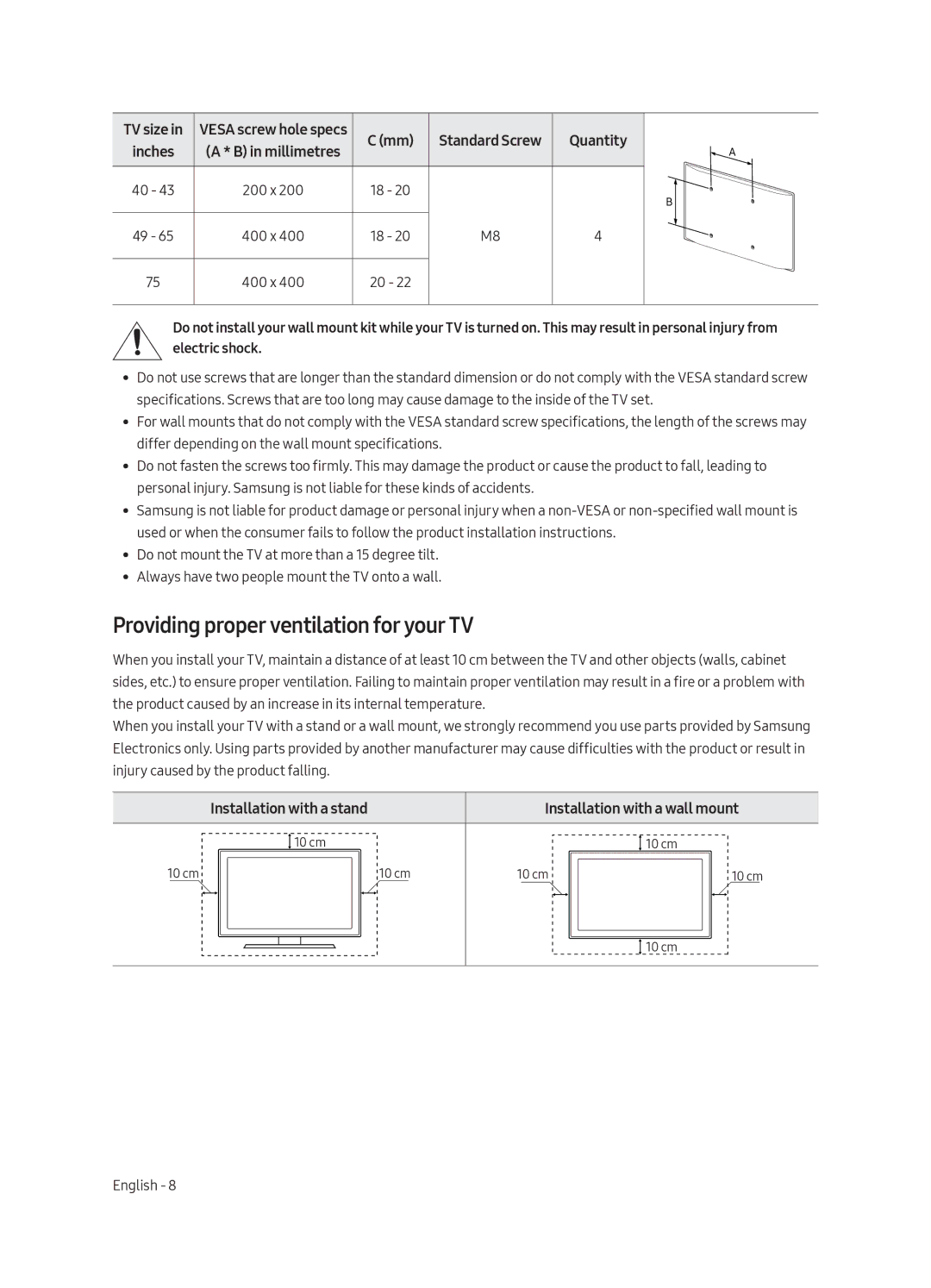 Samsung UA55MU6103KXXV, UA40MU6103KXXV, UA43MU6103KXXV, UA49MU6103KXXV manual Providing proper ventilation for your TV 