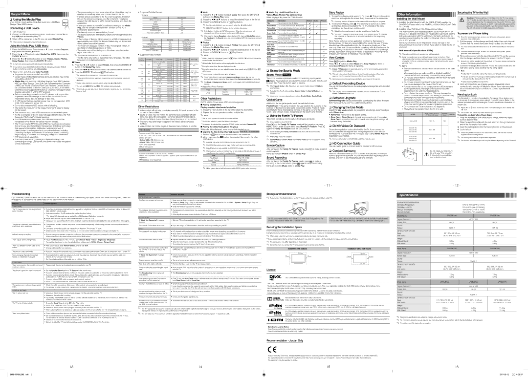 Samsung UA40J5100ARXSK, UA43J5100ARXSK, UA32J4100ARXSK, UA40J5100ARXUM manual Support Menu, Other Information, Specifications 