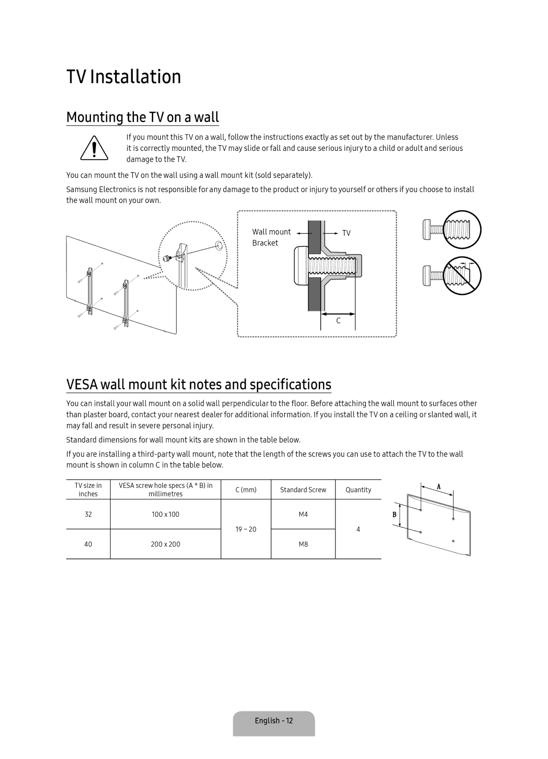 Samsung UA43K5300AKXXV manual TV Installation, Mounting the TV on a wall, Vesa wall mount kit notes and specifications 