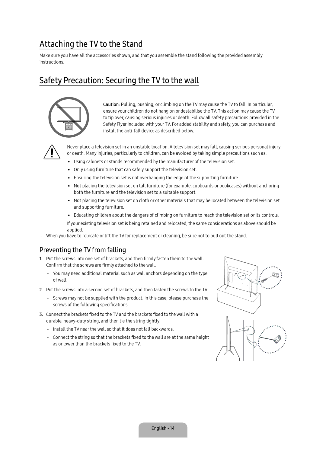 Samsung UA49K5300AKXXV, UA43K5300AKXXV manual Attaching the TV to the Stand, Safety Precaution Securing the TV to the wall 