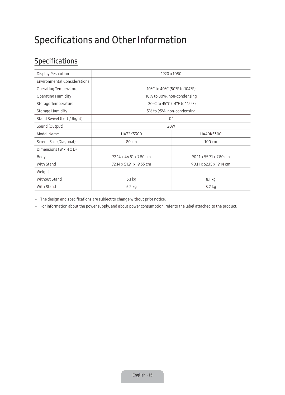 Samsung UA40K5300AKXXV, UA43K5300AKXXV, UA32K5300AKXXV, UA49K5300AKXXV manual Specifications and Other Information 