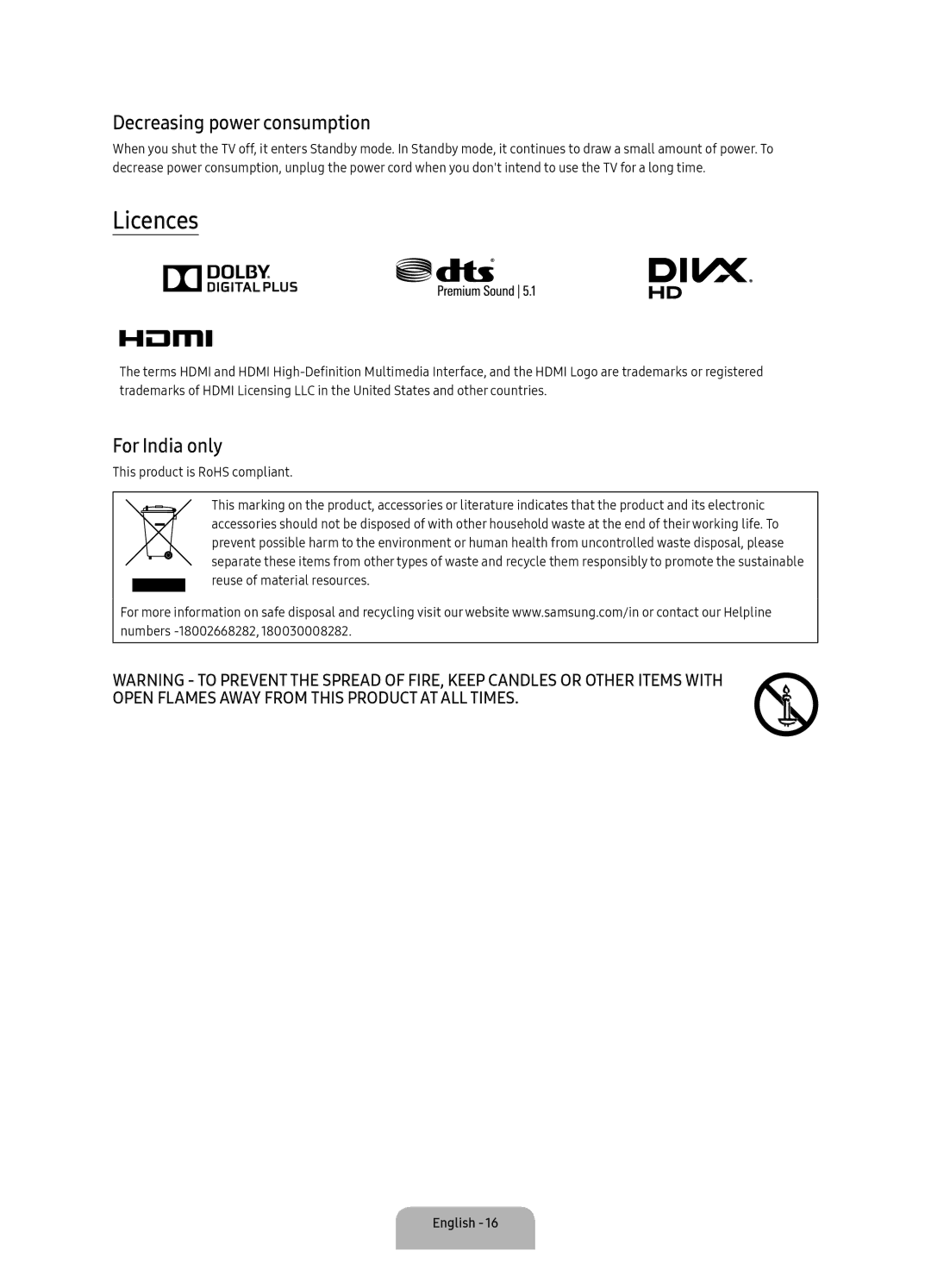 Samsung UA43K5300AKXXV, UA32K5300AKXXV, UA49K5300AKXXV manual Licences, Decreasing power consumption, For India only 