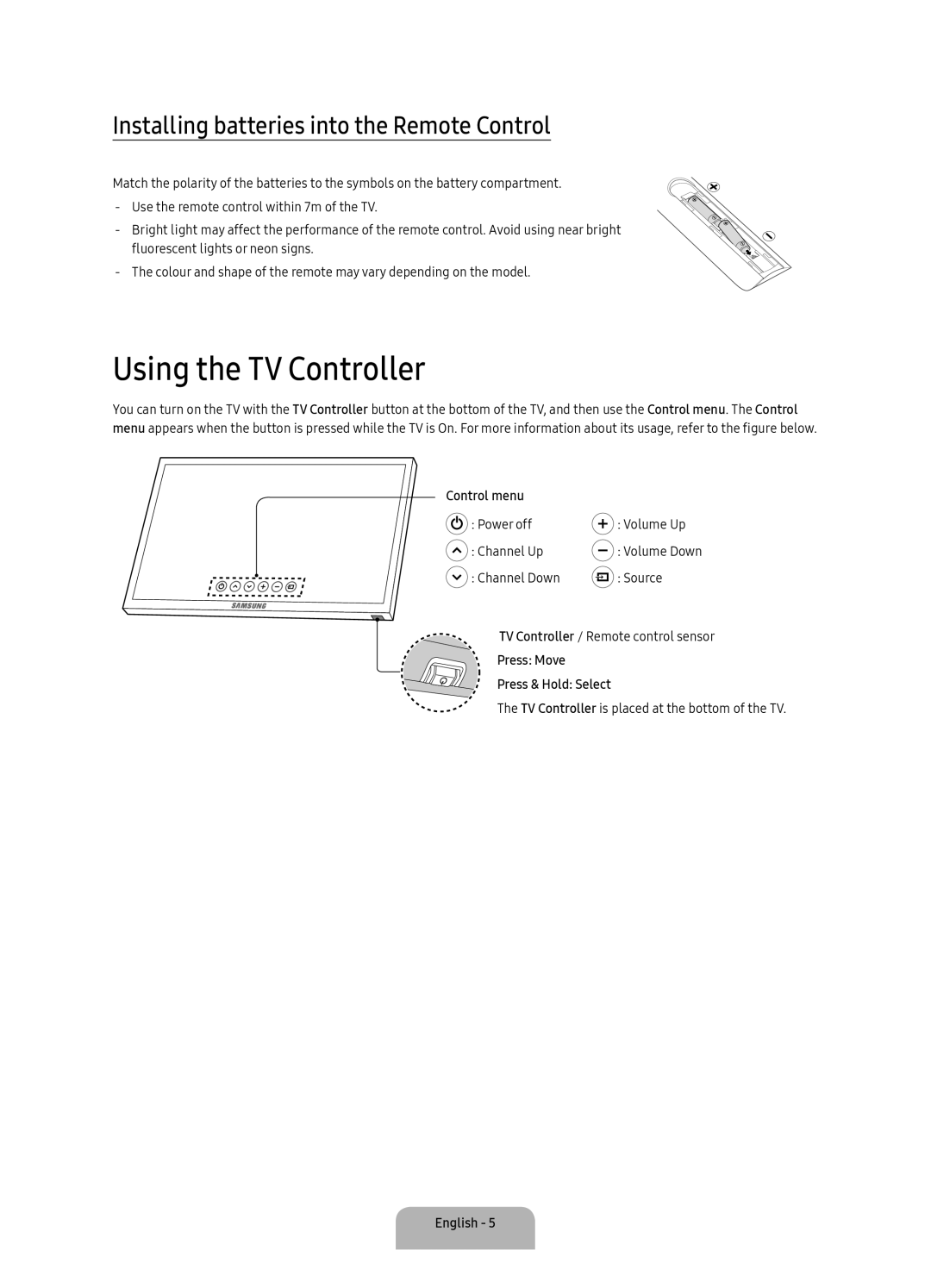 Samsung UA32K5300AKXXV, UA43K5300AKXXV manual Using the TV Controller, Installing batteries into the Remote Control 