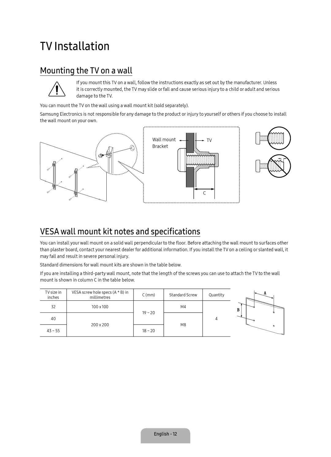 Samsung UA43K5310AKXXV manual TV Installation, Mounting the TV on a wall, Vesa wall mount kit notes and specifications 