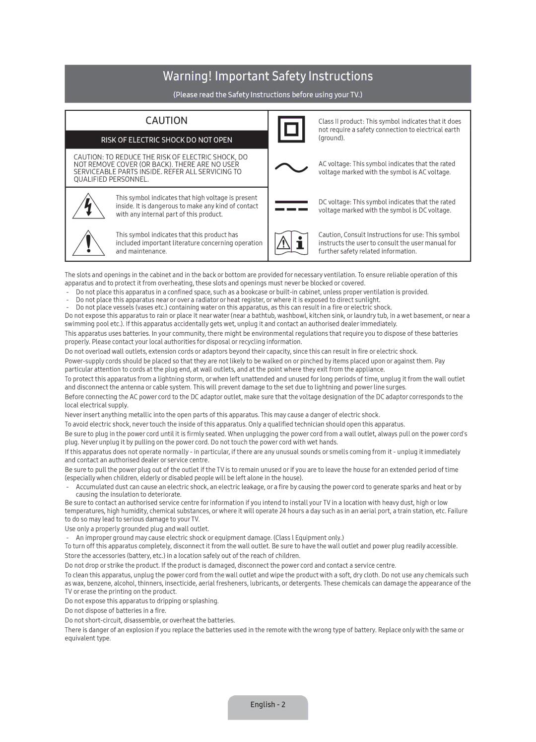 Samsung UA43K5310AKXXV manual Risk of Electric Shock do not Open 