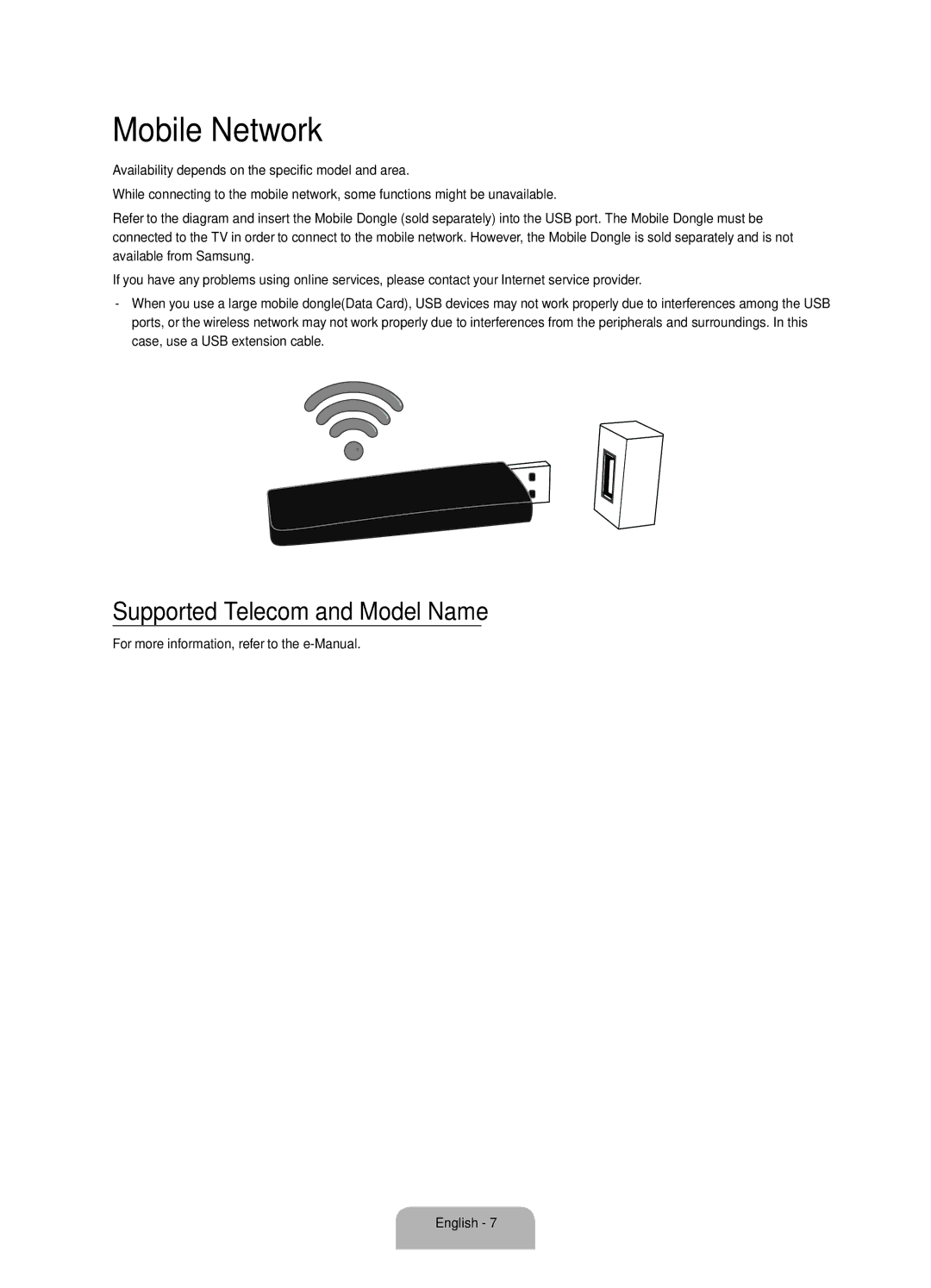 Samsung UA43K5310AKXXV manual Mobile Network, Supported Telecom and Model Name 