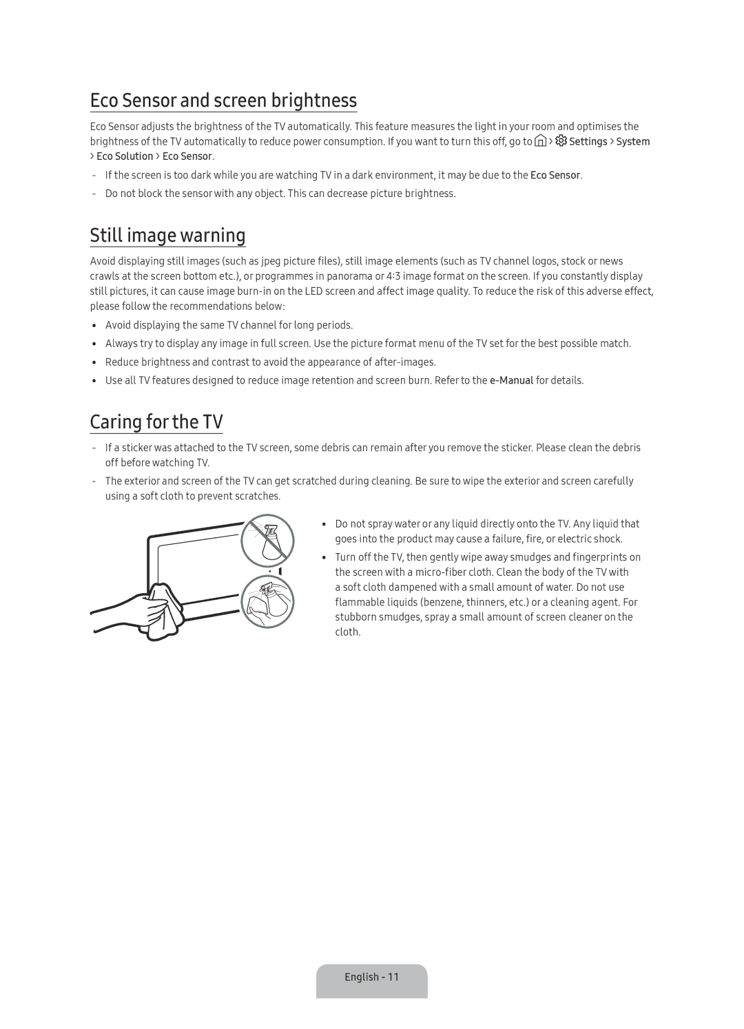 Samsung UA65KU7000RXUM, UA43KU7000RXUM manual Eco Sensor and screen brightness, Still image warning, Caring for the TV 