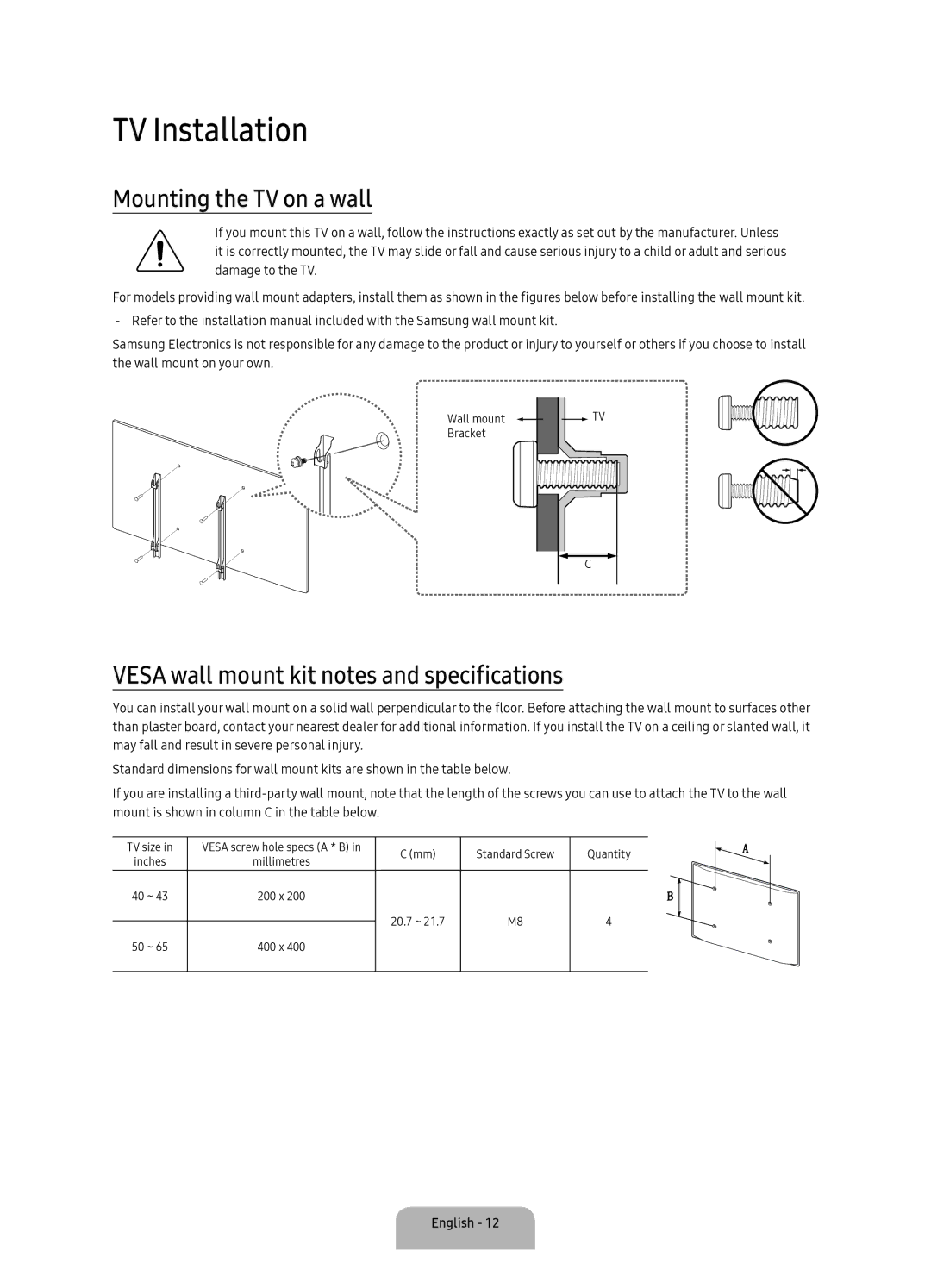 Samsung UA43KU7000RXUM manual TV Installation, Mounting the TV on a wall, Vesa wall mount kit notes and specifications 