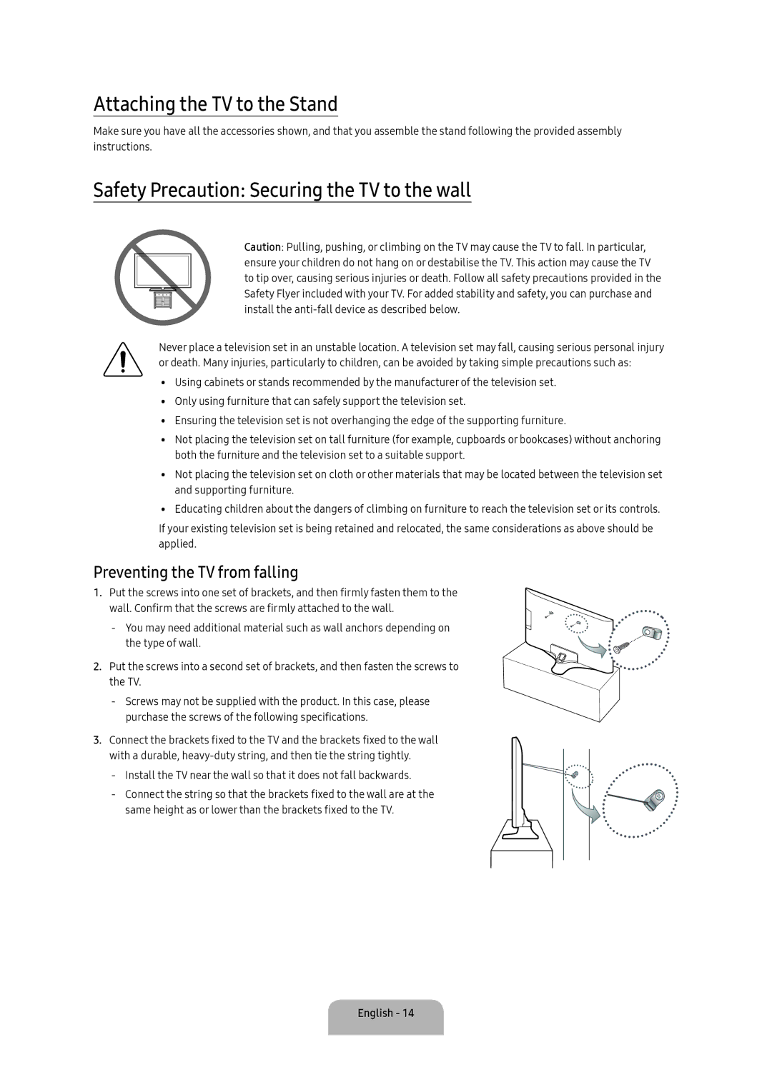 Samsung UA55KU7000RXUM, UA43KU7000RXUM manual Attaching the TV to the Stand, Safety Precaution Securing the TV to the wall 