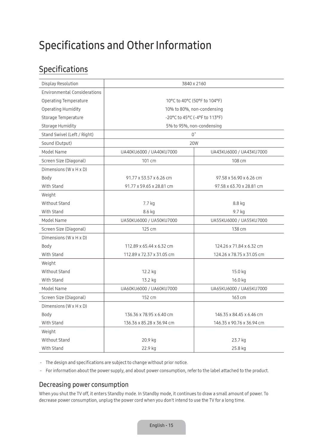 Samsung UA50KU7000RXUM, UA43KU7000RXUM, UA40KU7000RXUM Specifications and Other Information, Decreasing power consumption 