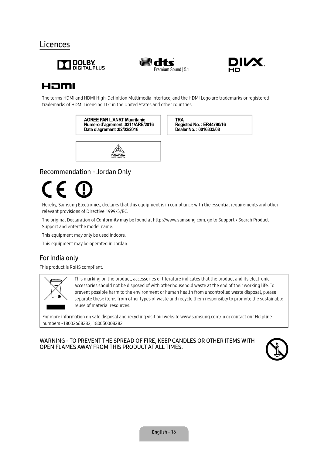 Samsung UA60KU7000RXUM, UA43KU7000RXUM, UA40KU7000RXUM, UA55KU7000RXUM Licences, Recommendation Jordan Only, For India only 