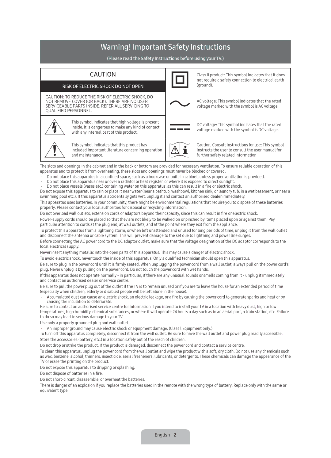 Samsung UA55KU7000RXUM, UA43KU7000RXUM, UA40KU7000RXUM, UA50KU7000RXUM, UA60KU7000RXUM Risk of Electric Shock do not Open 