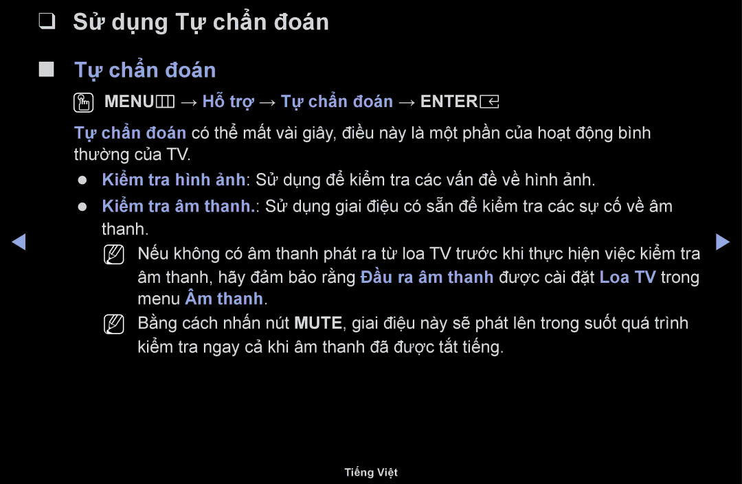 Samsung UA49M5100AKXXV, UA43M5100AKXXV Sử dụng Tự chẩn đoán, OO MENUm → Hỗ trợ → Tự chẩn đoán → Entere, Menu Âm thanh 