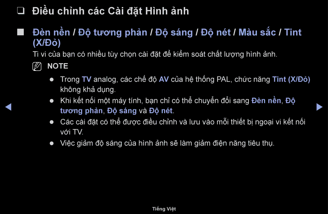 Samsung UA43M5100AKXXV, UA49M5100AKXXV, UA43M5100DKXXV manual Điều chỉnh các Cài đặt Hình ảnh, Tương phản, Đô sang và Độ nét 