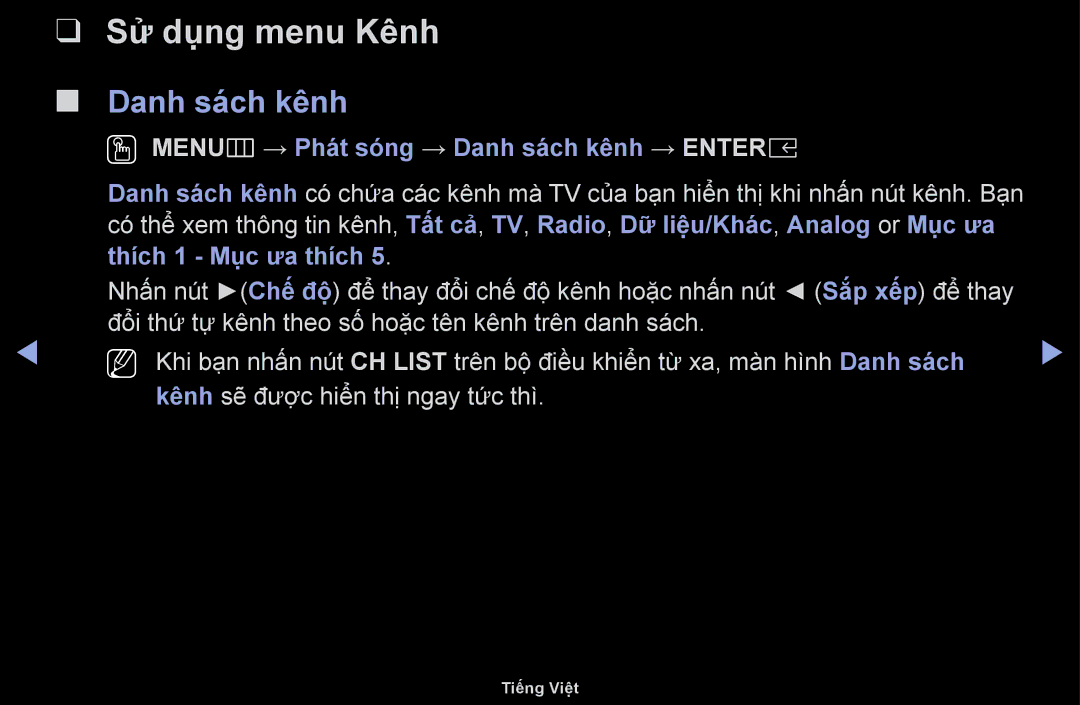 Samsung UA43M5100DKXXV, UA43M5100AKXXV manual Sử dụng menu Kênh, OO MENUm → Phát sóng → Danh sach kênh → Entere 