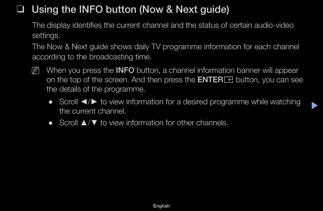 Samsung UA49M5100AKXXV, UA43M5100AKXXV, UA43M5100DKXXV, UA49M5000AKXXV manual Using the Info button Now & Next guide 