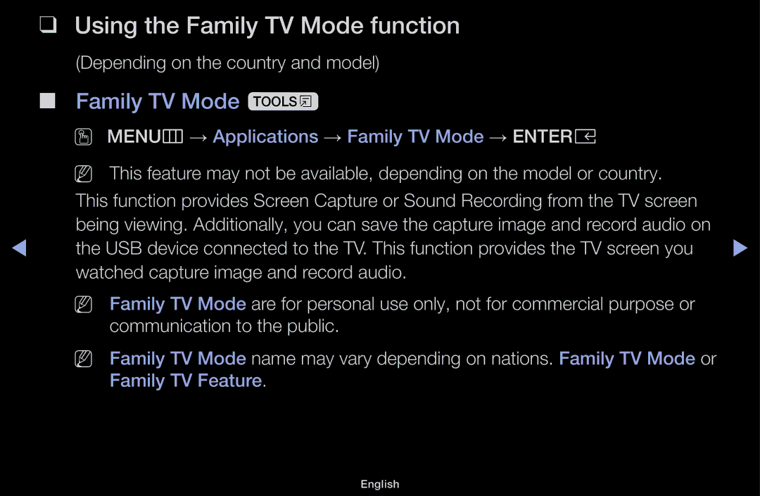 Samsung UA49M5100AKXXV, UA43M5100AKXXV, UA43M5100DKXXV, UA49M5000AKXXV Using the Family TV Mode function, Family TV Mode t 