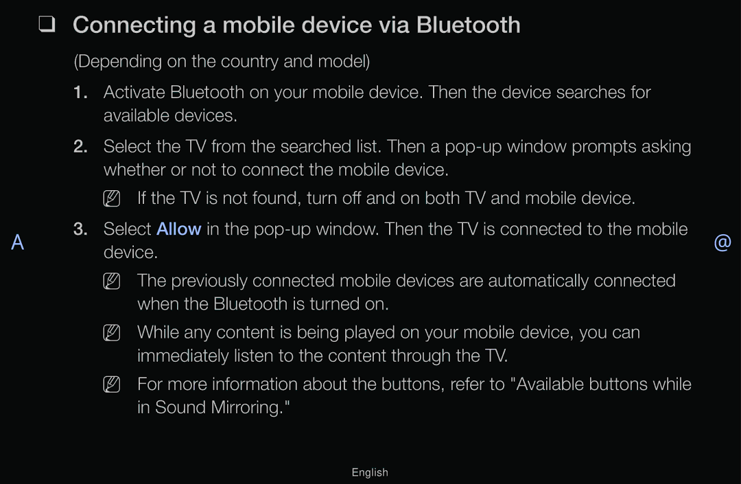 Samsung UA43M5100DKXXV, UA43M5100AKXXV, UA49M5100AKXXV, UA49M5000AKXXV manual Connecting a mobile device via Bluetooth 