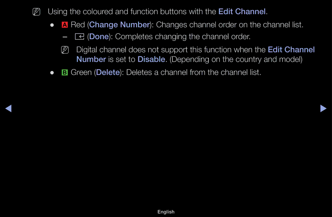 Samsung UA49M5100AKXXV, UA43M5100AKXXV, UA43M5100DKXXV, UA49M5000AKXXV Green Delete Deletes a channel from the channel list 