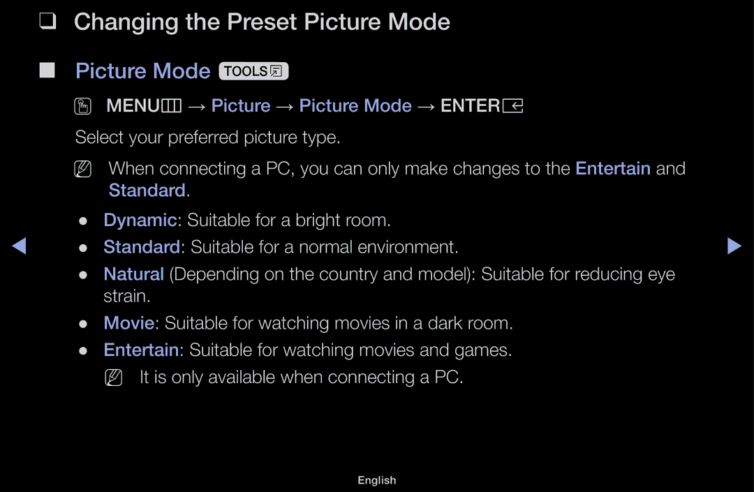 Samsung UA49M5000AKXXV, UA43M5100AKXXV, UA49M5100AKXXV, UA43M5100DKXXV manual Changing the Preset Picture Mode, Picture Mode t 