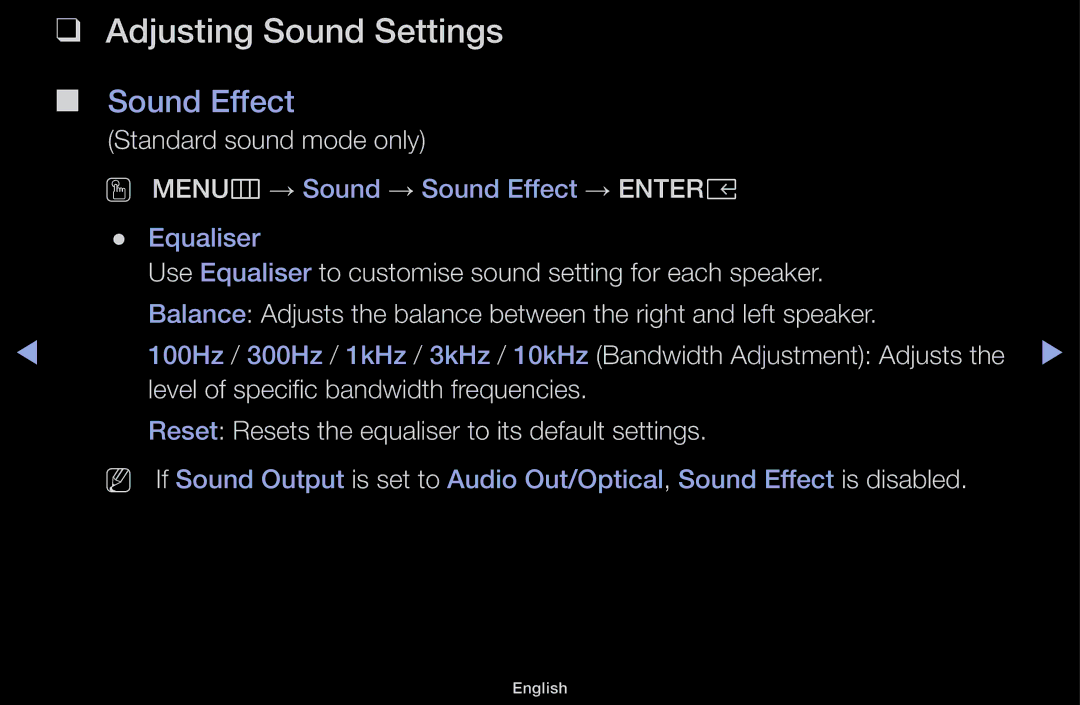 Samsung UA43M5100DKXXV, UA43M5100AKXXV, UA49M5100AKXXV, UA49M5000AKXXV manual Adjusting Sound Settings, Sound Effect 