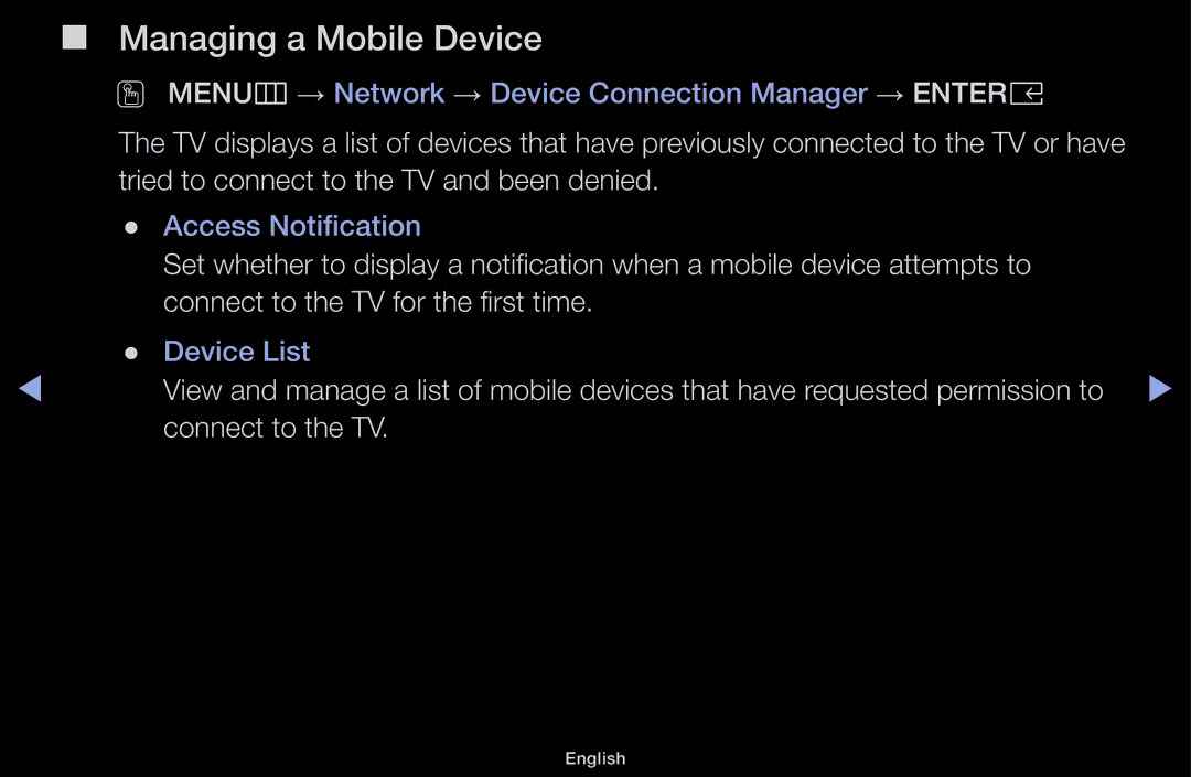 Samsung UA49M5100AKXXV, UA43M5100AKXXV, UA43M5100DKXXV, UA49M5000AKXXV manual Managing a Mobile Device 