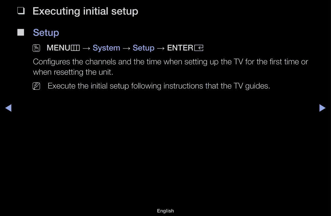 Samsung UA49M5100AKXXV, UA43M5100AKXXV, UA43M5100DKXXV, UA49M5000AKXXV manual Executing initial setup, Setup 