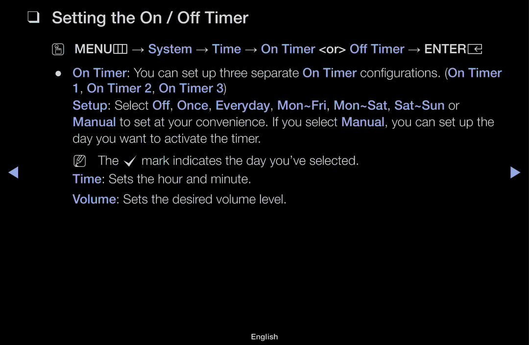 Samsung UA43M5100DKXXV, UA43M5100AKXXV, UA49M5100AKXXV, UA49M5000AKXXV manual Setting the On / Off Timer 