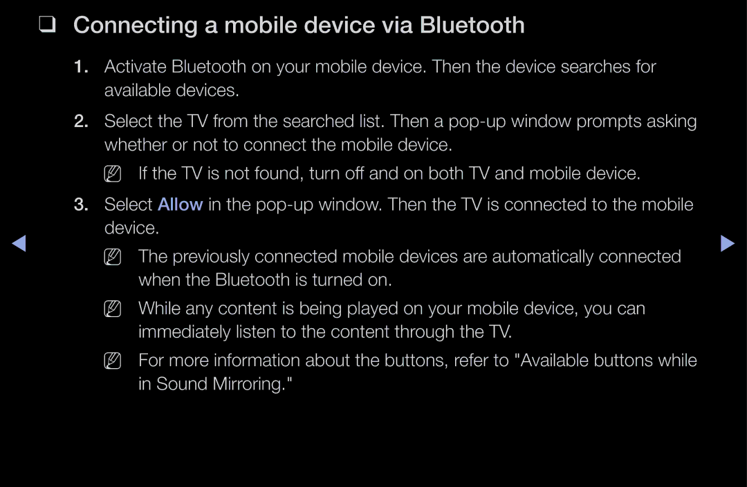 Samsung UA43M5100ARXUM manual Connecting a mobile device via Bluetooth 