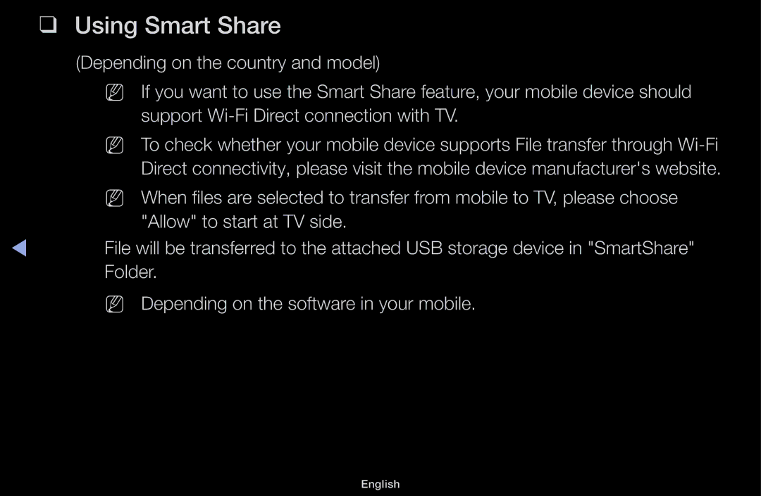 Samsung UA43M5100ARXUM manual Using Smart Share, Support Wi-Fi Direct connection with TV 