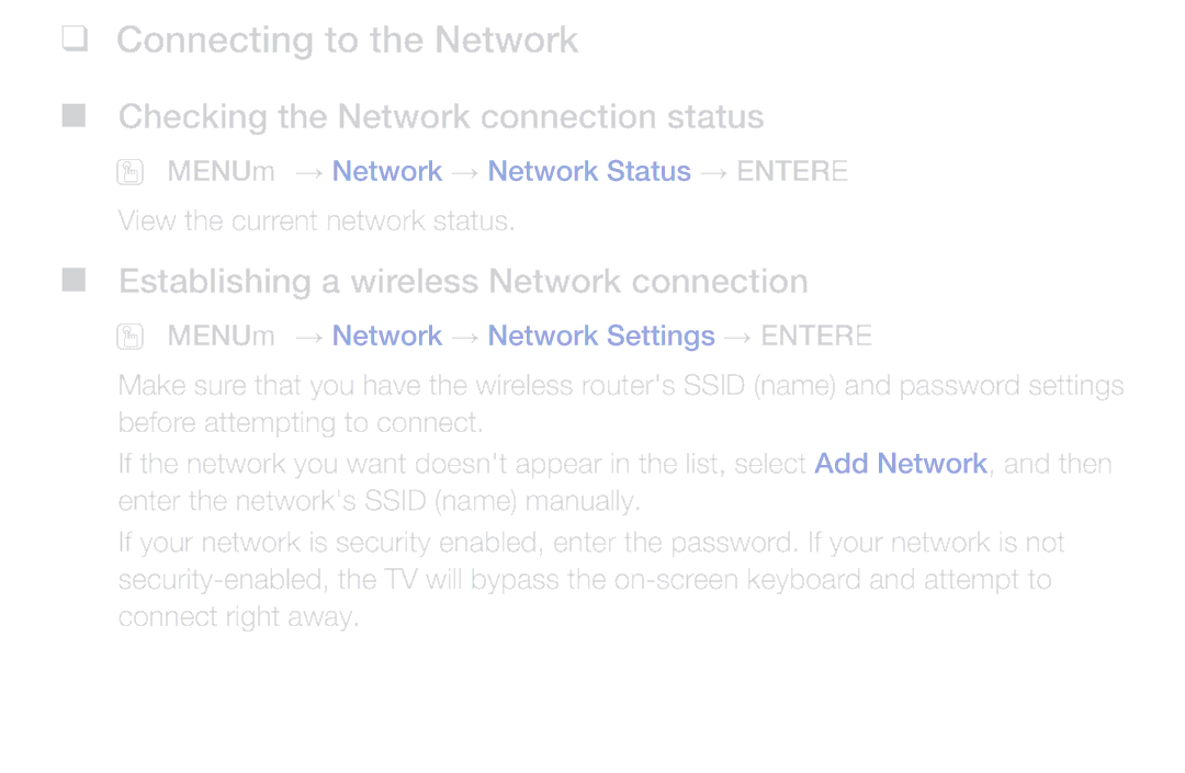 Samsung UA43M5100ARXUM manual Connecting to the Network, Establishing a wireless Network connection 