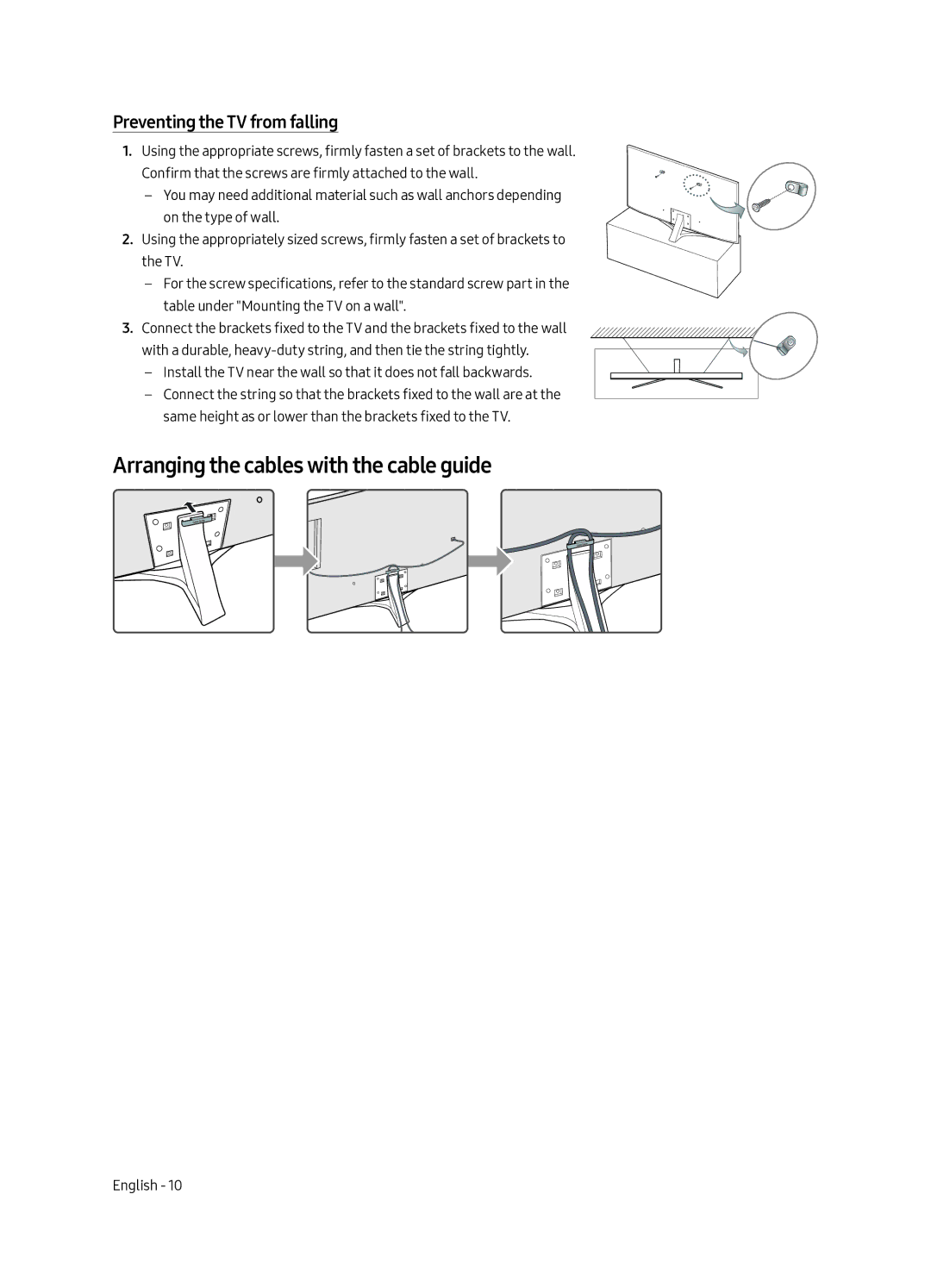 Samsung UA43MU6400KXXV manual Arranging the cables with the cable guide, Preventing the TV from falling 