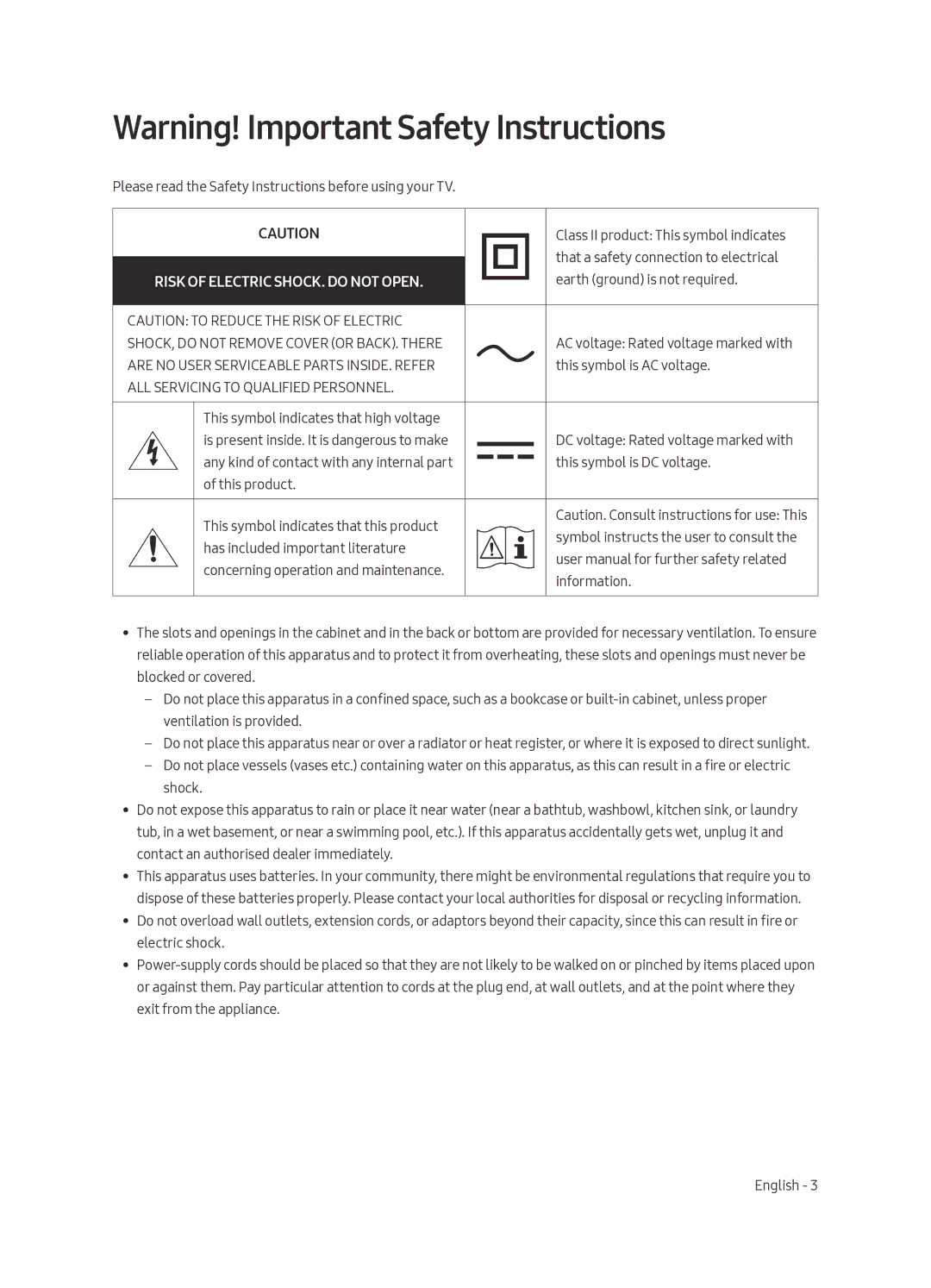 Samsung UA43MU6400KXXV manual Risk of Electric SHOCK. do not Open 