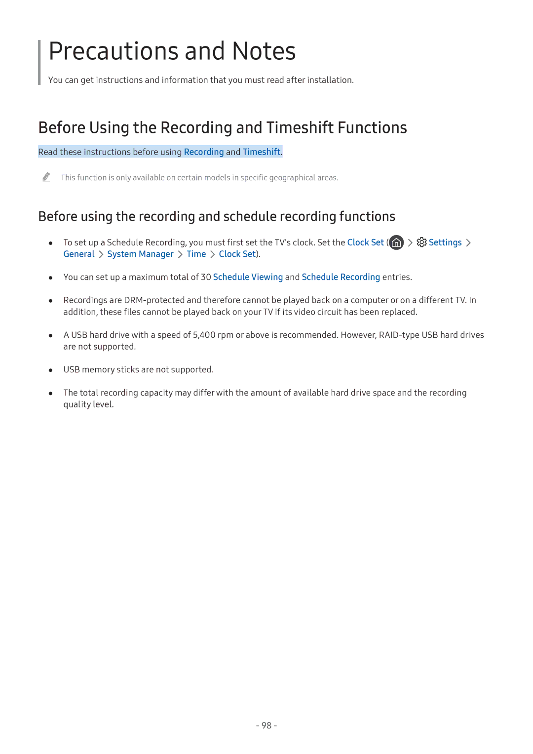 Samsung UA50MU7000RXUM manual Before Using the Recording and Timeshift Functions, General System Manager Time Clock Set 