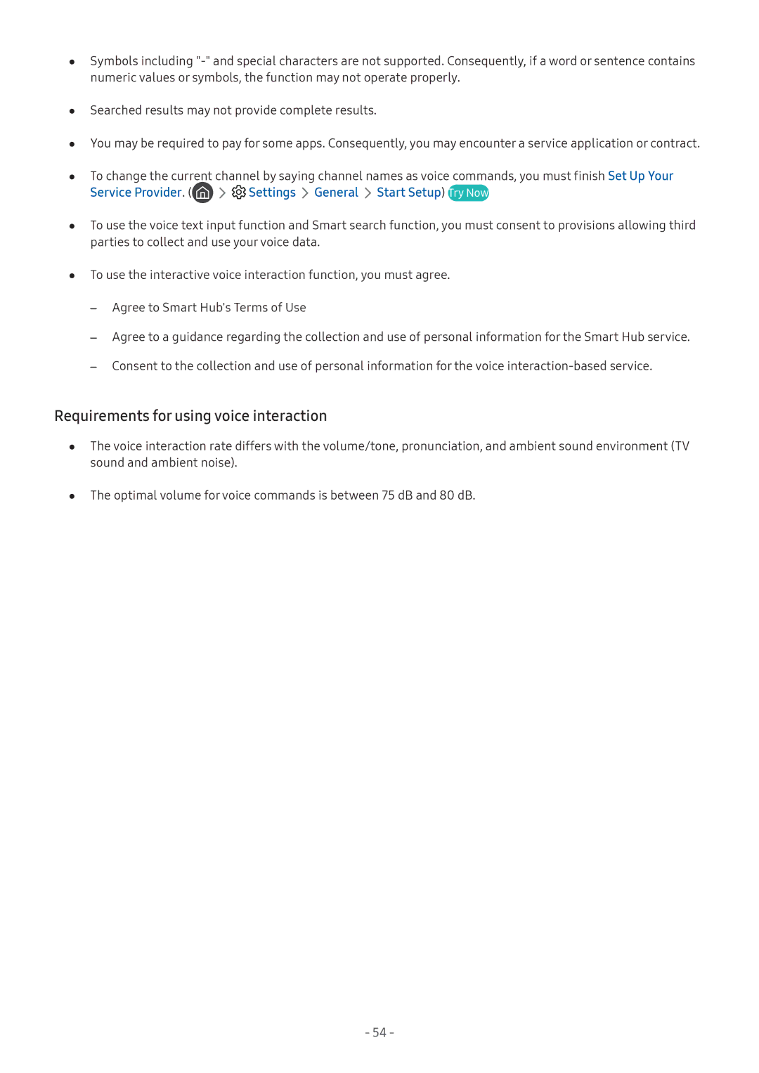 Samsung UA65LS003ARXUM Requirements for using voice interaction, Service Provider Settings General Start Setup Try Now 