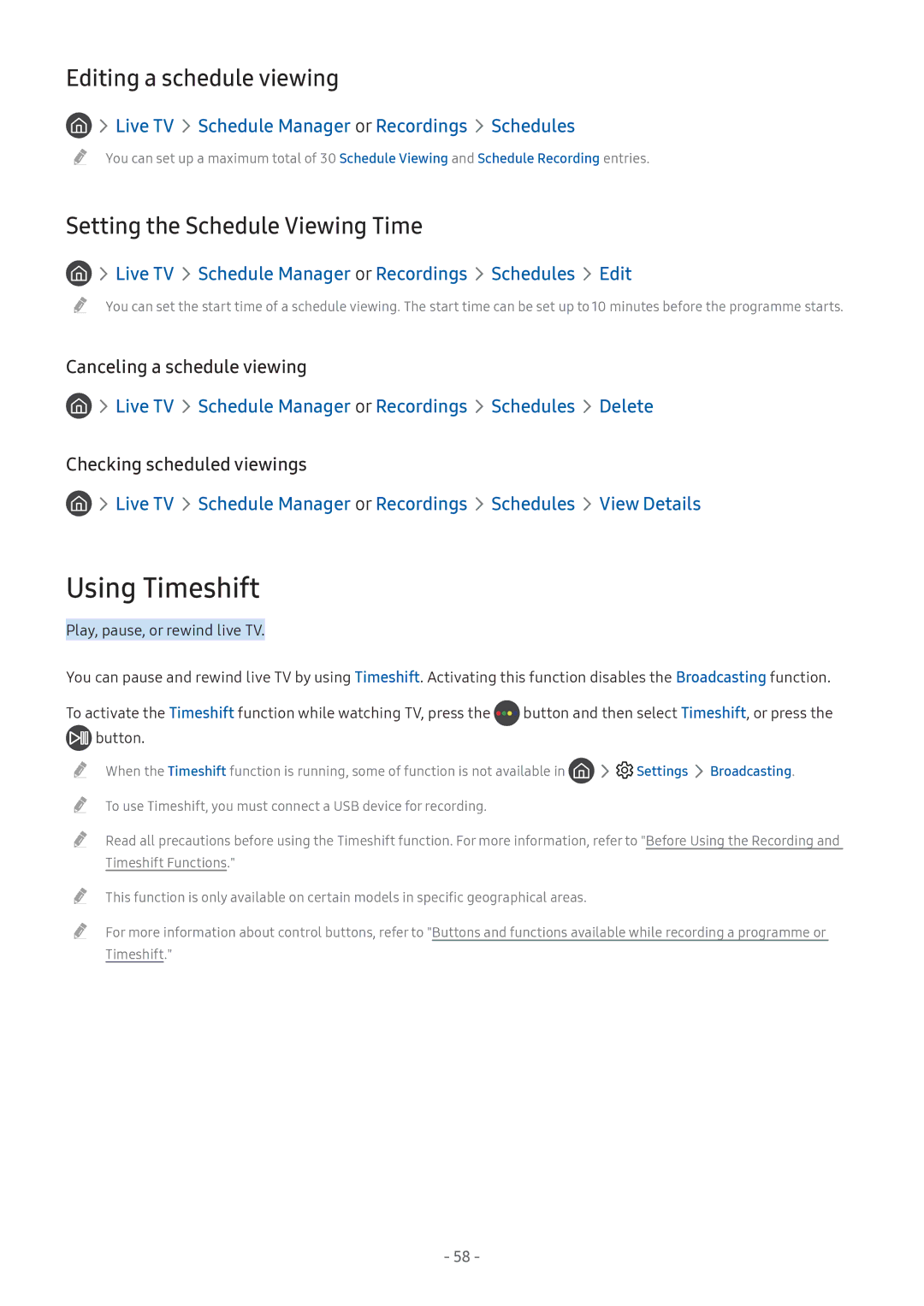 Samsung QA55Q7FAMRXUM, UA43MU7000RXUM manual Using Timeshift, Editing a schedule viewing, Setting the Schedule Viewing Time 