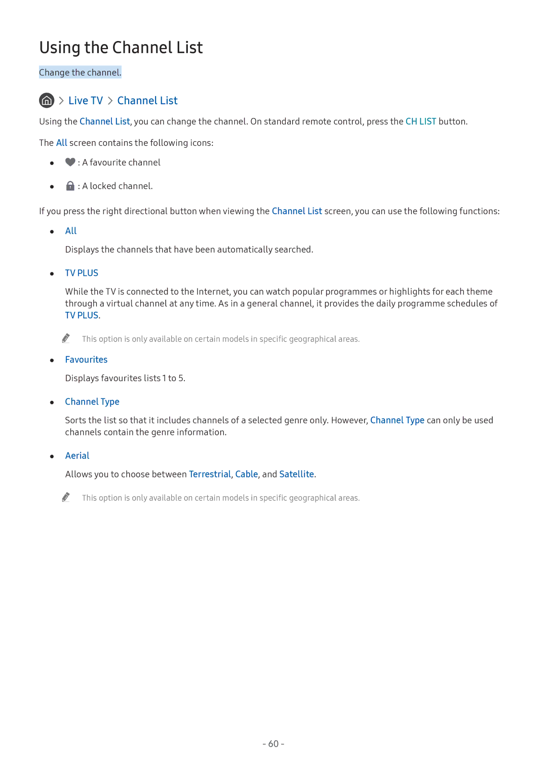 Samsung UA65MU7350RXUM, UA43MU7000RXUM manual Using the Channel List, Live TV Channel List, Favourites, Channel Type, Aerial 
