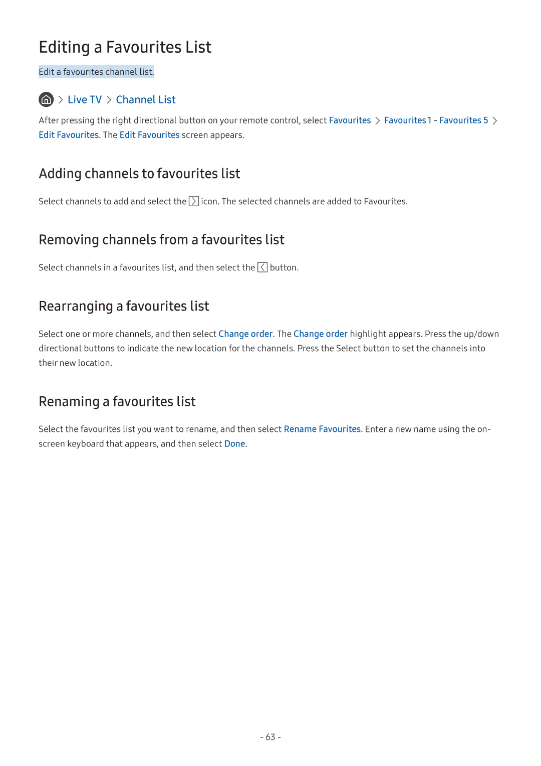Samsung UA43MU7000RXUM manual Editing a Favourites List, Adding channels to favourites list, Rearranging a favourites list 