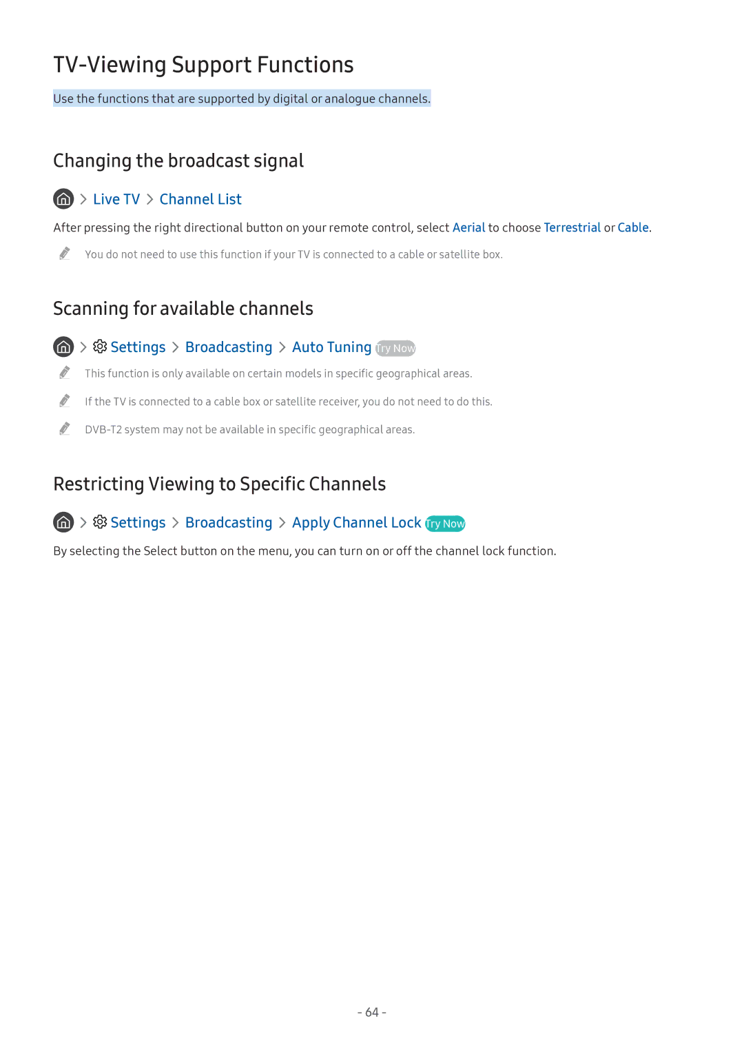 Samsung UA82MU8000RXUM manual TV-Viewing Support Functions, Changing the broadcast signal, Scanning for available channels 