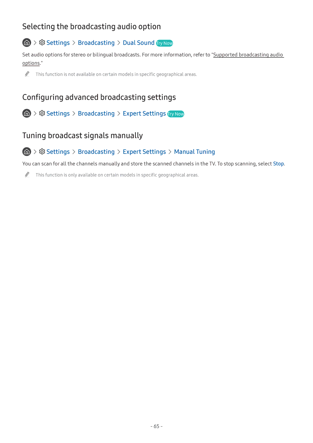 Samsung QA65Q7FAMRXUM, UA43MU7000RXUM Selecting the broadcasting audio option, Configuring advanced broadcasting settings 