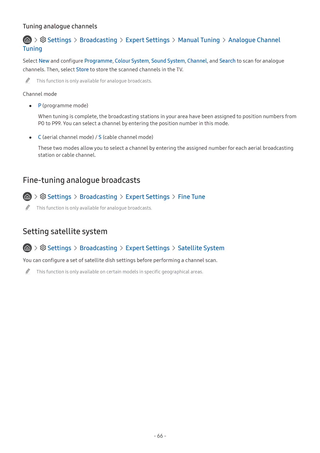 Samsung QA75Q7FAMRXUM, UA43MU7000RXUM Fine-tuning analogue broadcasts, Setting satellite system, Tuning analogue channels 