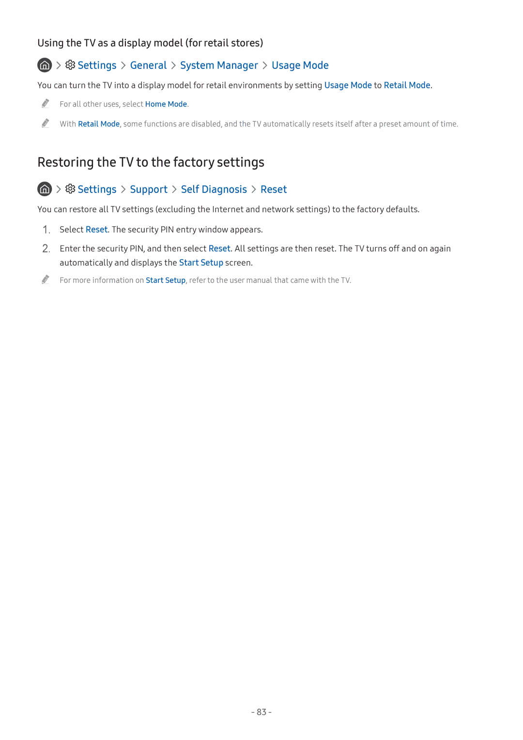 Samsung UA65MU7350RXUM manual Restoring the TV to the factory settings, Using the TV as a display model for retail stores 