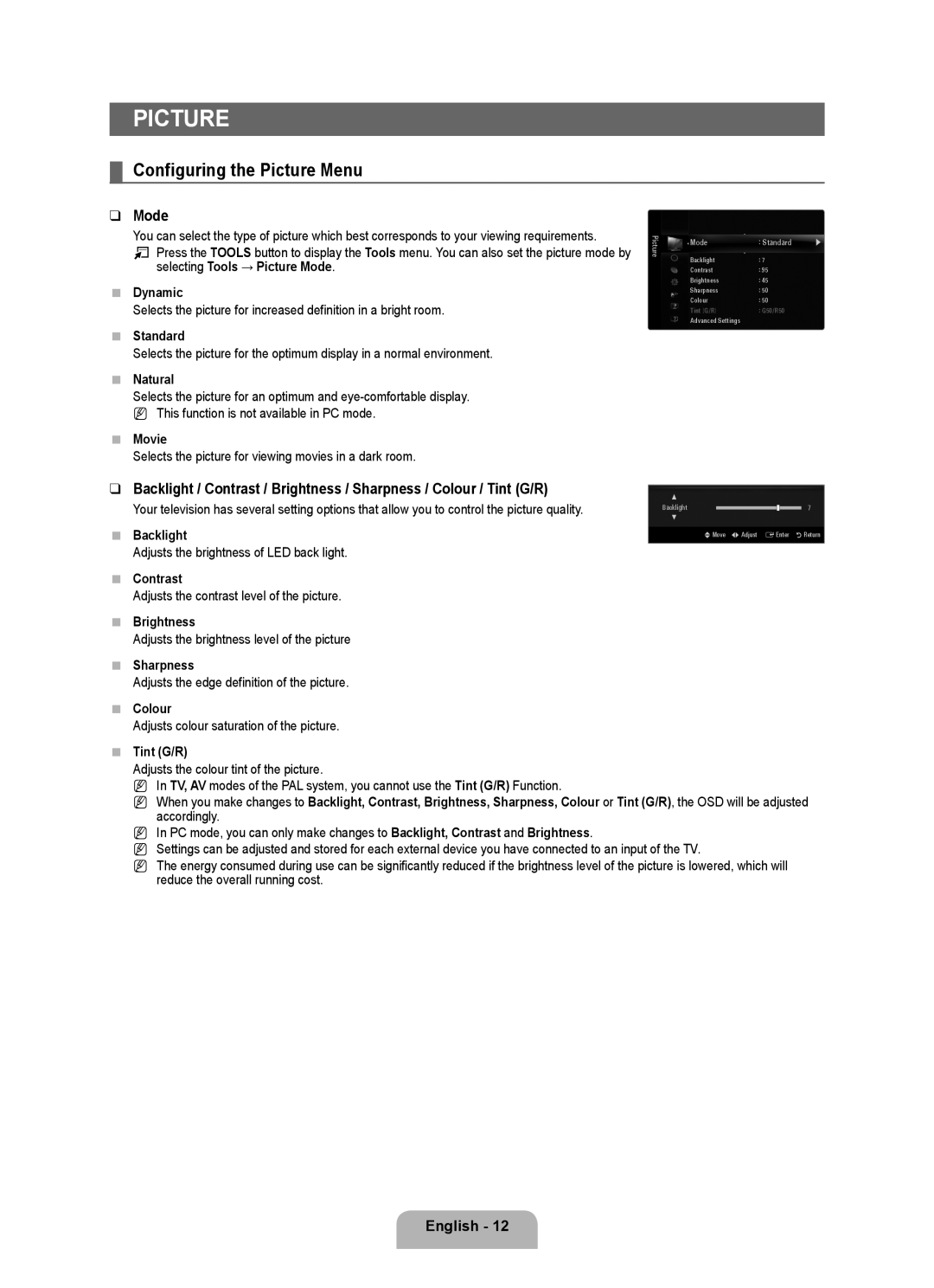 Samsung UA46B6000VRXSQ, UA46B6000VRXUM, UA46B6000VRXZN, UA32B6000VRXSQ, UA32B6000VRXZN Configuring the Picture Menu, Mode 