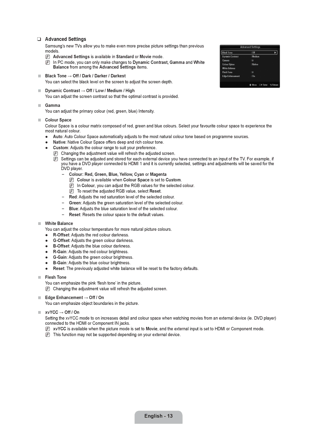 Samsung UA32B6000VRXHC, UA46B6000VRXUM, UA46B6000VRXZN, UA32B6000VRXSQ, UA32B6000VRXZN, UA46B6000VRXHC manual Advanced Settings 