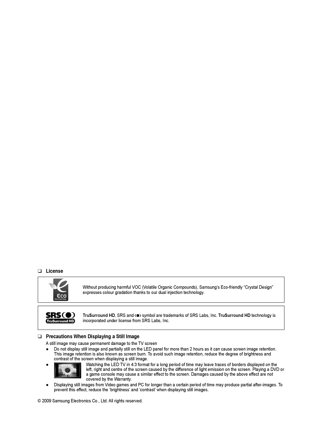 Samsung UA32B6000VRXSQ, UA46B6000VRXUM, UA46B6000VRXZN, UA32B6000VRXZN License, Precautions When Displaying a Still Image 