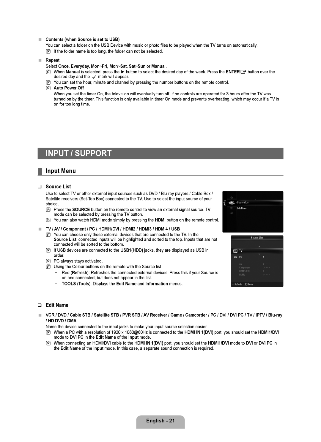 Samsung UA55B6000VRXSV, UA46B6000VRXUM, UA46B6000VRXZN, UA32B6000VRXSQ Input / Support, Input Menu, Source List, Edit Name 