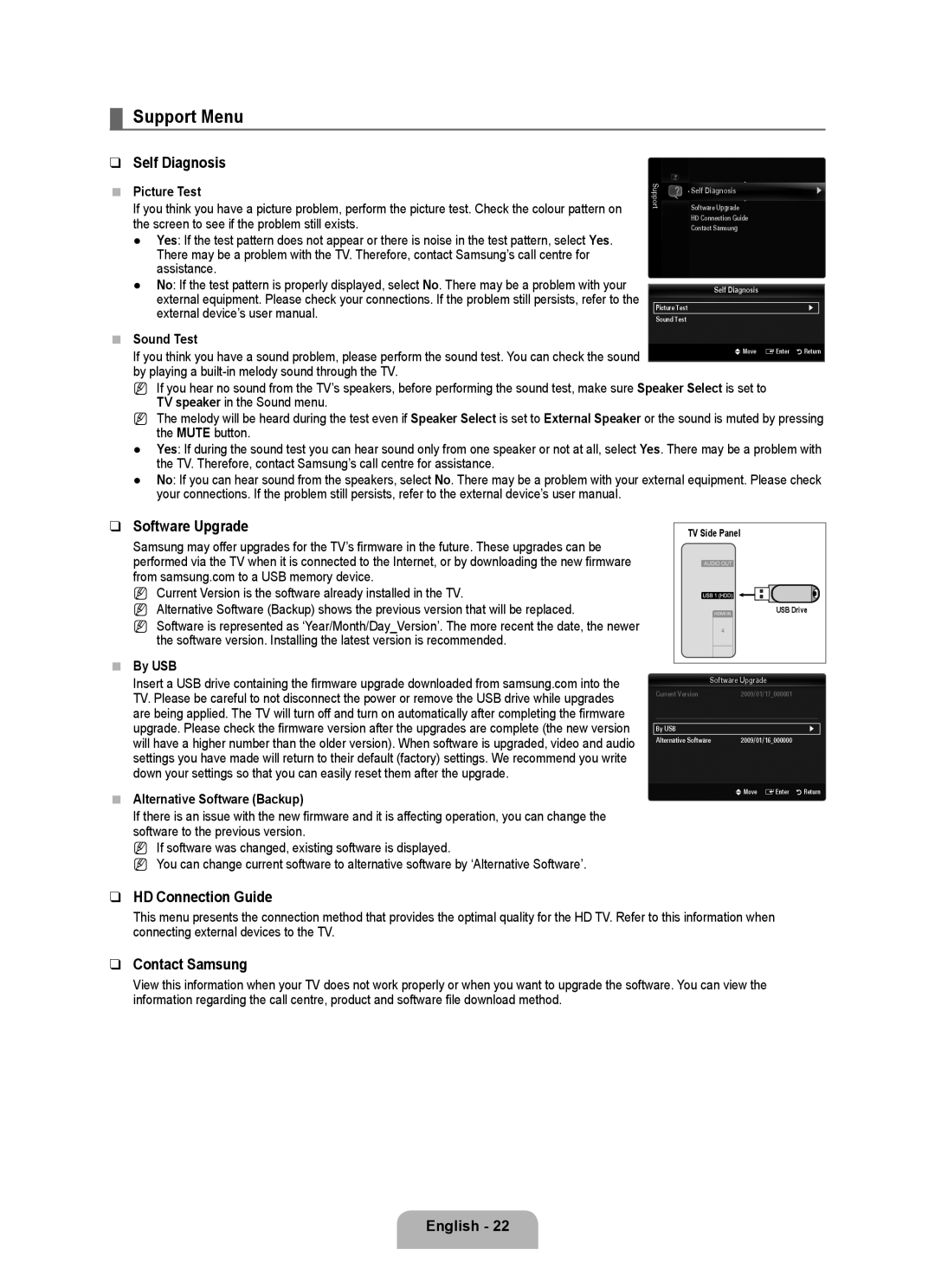 Samsung UA55B6000VRXXA manual Software Upgrade, HD Connection Guide, Contact Samsung, By USB Alternative Software Backup 