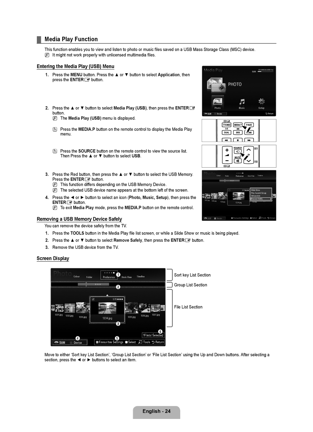 Samsung UA55B6000VRXSQ, UA46B6000VRXUM manual Media Play Function, Entering the Media Play USB Menu, Screen Display 